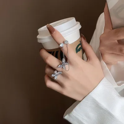 Rhinestone Two Butterfly Adjustable Finger Ring 